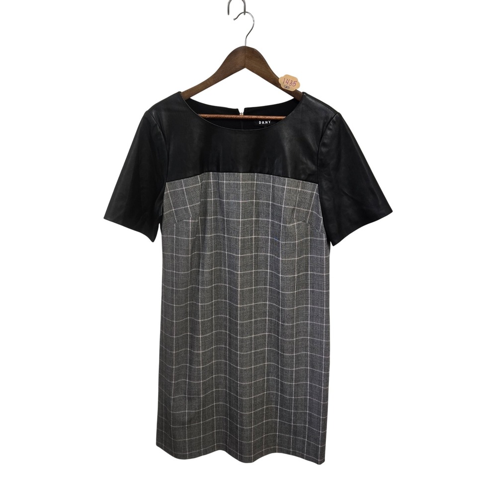 DKNY Womens Faux Leather Plaid Shift Dress Black Grey Short Sleeve Size 12